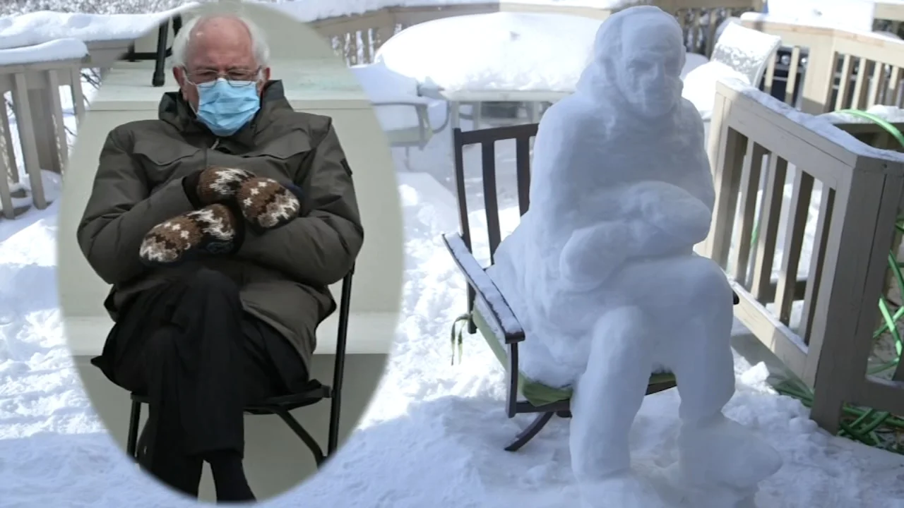 Bernie Sanders Mittens — Original Bernie photo alongside real snow sculpture recreating his seated pose.
