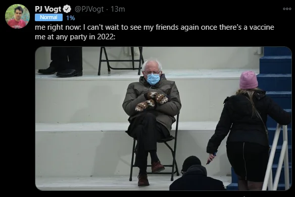 Bernie Sanders Mittens — Tweet with Bernie seated photo captioned about parties post-vaccine.