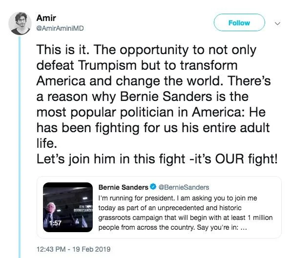 Amir tweet supporting Bernie Sanders 2020 presidential campaign announcement
