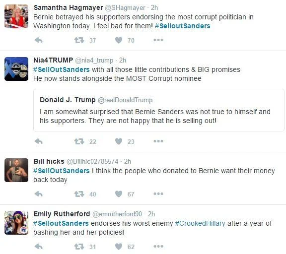 Screenshot of tweets using the SellOutSanders hashtag criticizing Bernie Sanders