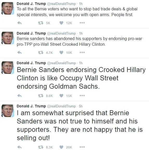 Screenshot of Donald Trump tweets criticizing Bernie Sanders for endorsing Hillary Clinton