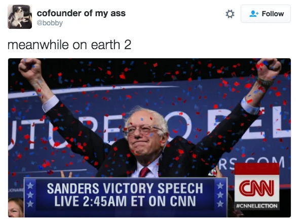Bernie Would Have Won — A photoshopped CNN broadcast graphic reading 'SANDERS VICTORY SPEECH LIVE' with Bernie Sanders raising both fists amid confetti