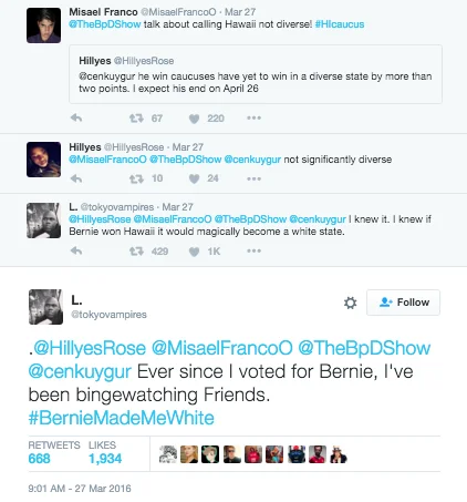 Berniemademewhite — A Twitter screenshot showing the viral origin tweet by @tokyovampires about binge-watching Friends after voting for Bernie, with 668
