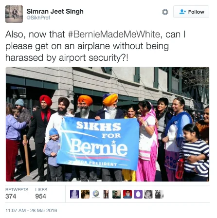 Berniemademewhite — A Twitter screenshot from @SikhProf showing visibly Sikh Bernie Sanders supporters holding a 'Sikhs for Bernie' banner at a rally.