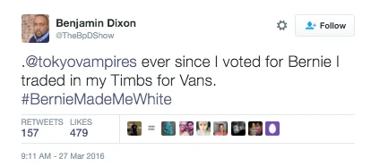 Berniemademewhite — A text-only Twitter screenshot from @TheBpDShow by Benjamin Dixon joking about trading Timberlands for Vans after voting for Bernie.