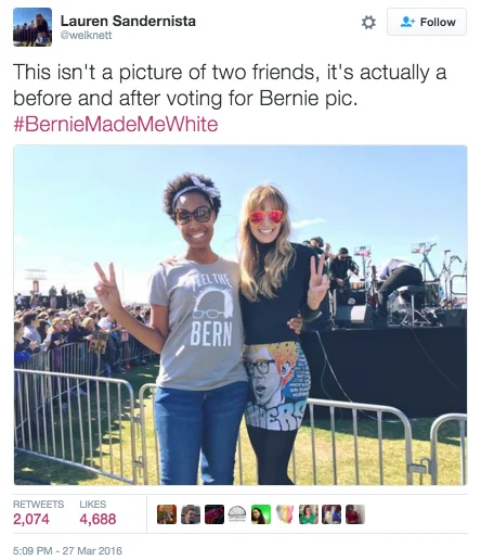 Berniemademewhite — A Twitter screenshot from @welknett featuring two women—one Black and one white—wearing 'Feel the Bern' shirts at a Sanders rally, with the