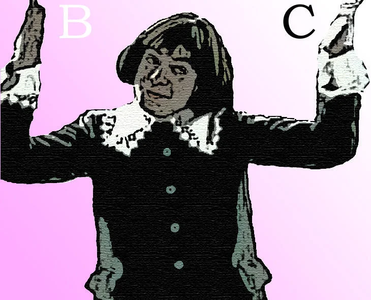 Berries and Cream — Posterized illustration of Little Lad with letters B and C against a pink background.