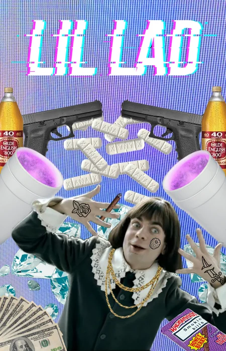 Berries and Cream — Little Lad meme reimagined as rapper 'Lil Lad' surrounded by guns, bottles, pills, and money.