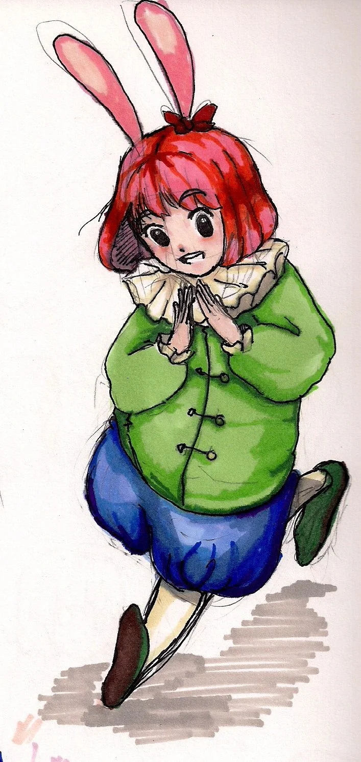 Berries and Cream — Anime-style drawing of Little Lad as a red-haired child with bunny ears clasping hands.