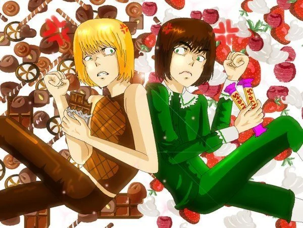 Berries and Cream — Manga illustration of Mello from Death Note and Little Lad surrounded by chocolate and berries.