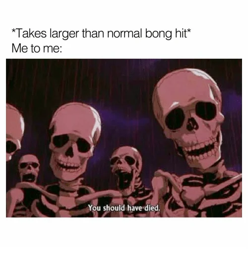 Berserk skeletons meme about taking a large bong hit with 'You should have died' caption