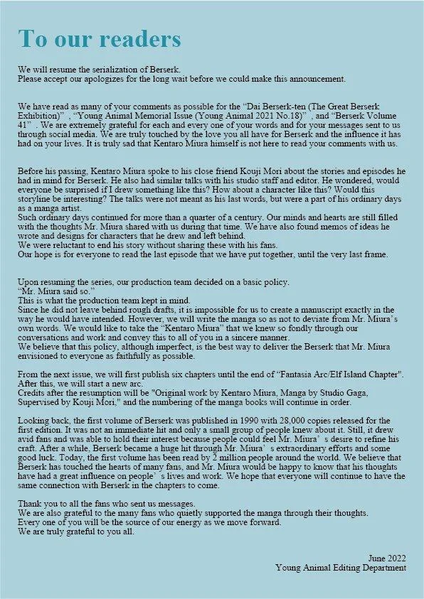 Young Animal editorial letter announcing the continuation of Berserk manga in June 2022