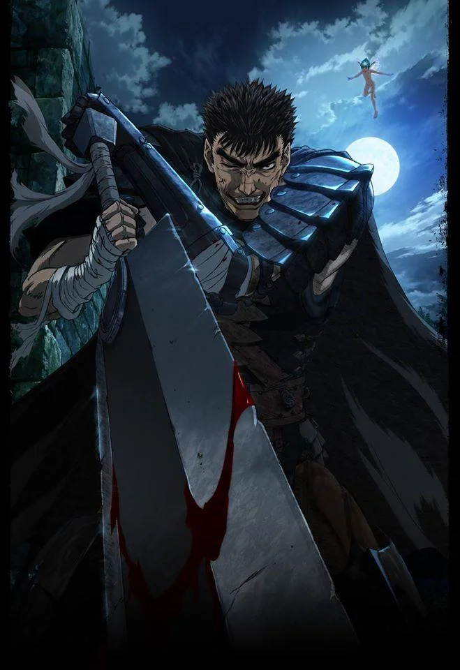 Berserk — Guts holding the Dragonslayer sword under a moonlit sky with Puck the fairy