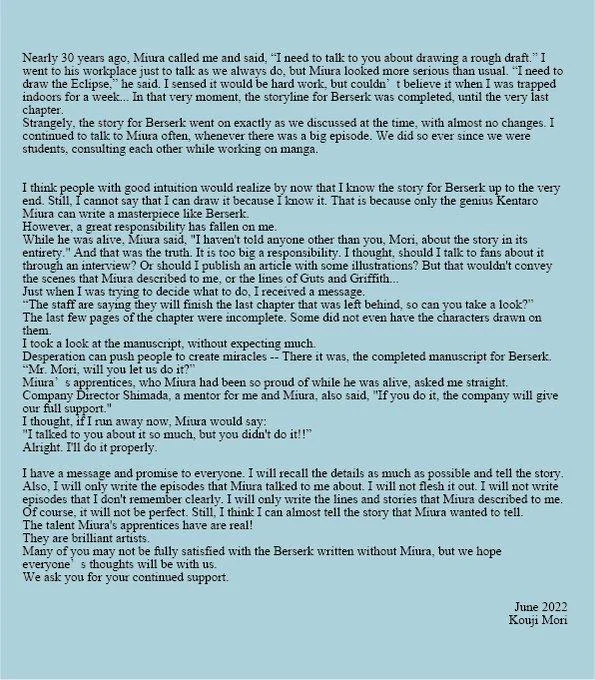 Letter from Kouji Mori explaining continuation of Berserk manga after Miura death