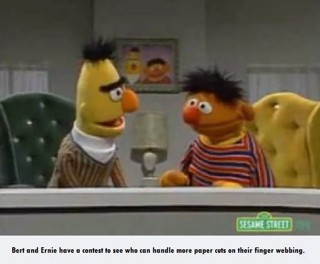 Bertstrips edit of Bert and Ernie chatting with a caption about self-harm contest