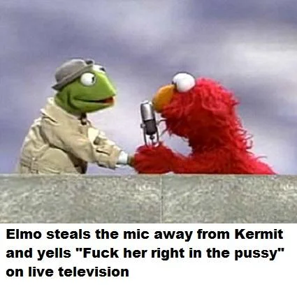 Bertstrips-style edit of Kermit interviewing Elmo with a crude caption