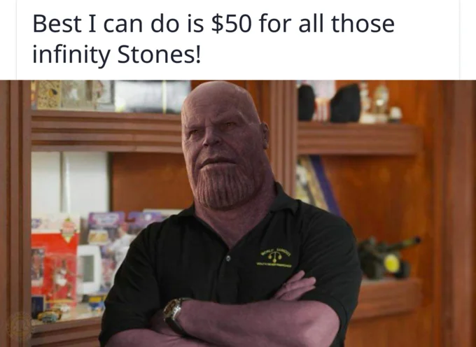 Thanos face photoshopped onto Rick Harrison with Best I Can Do Is caption about Infinity Stones