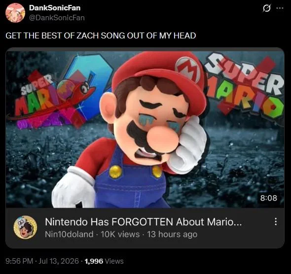 Twitter post complaining about the Best of Zach song stuck in head with crying Mario thumbnail