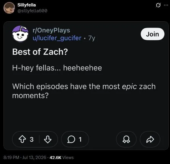 Twitter screenshot of a fake OneyPlays subreddit post asking about Best of Zach episodes