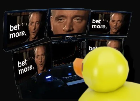 A meme adaptation showing a person repeated across multiple monitor screens with 'bet more' text overlaid, featuring a neon yellow sphere in the foreground.