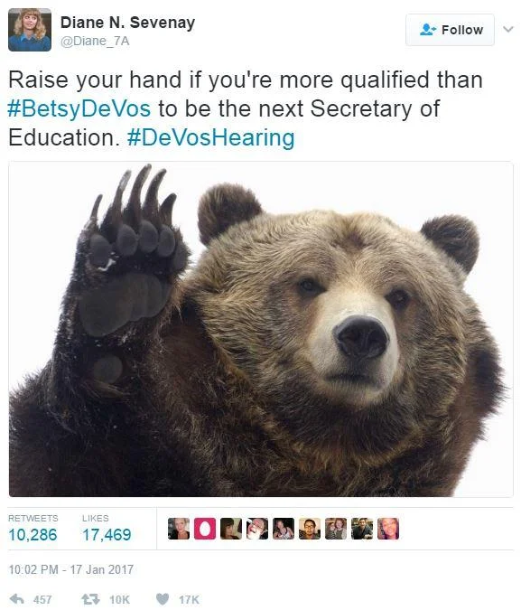Betsy DeVos' "Grizzly Bear Attacks" Remark — Tweet with a photo of a grizzly bear raising its paw, mocking Betsy DeVos qualifications