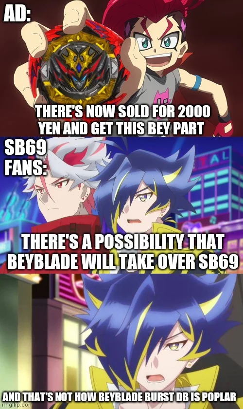 A three-panel anime meme using Beyblade characters reacting to news about the franchise and Beyblade Burst, discussing product pricing and market dominance.