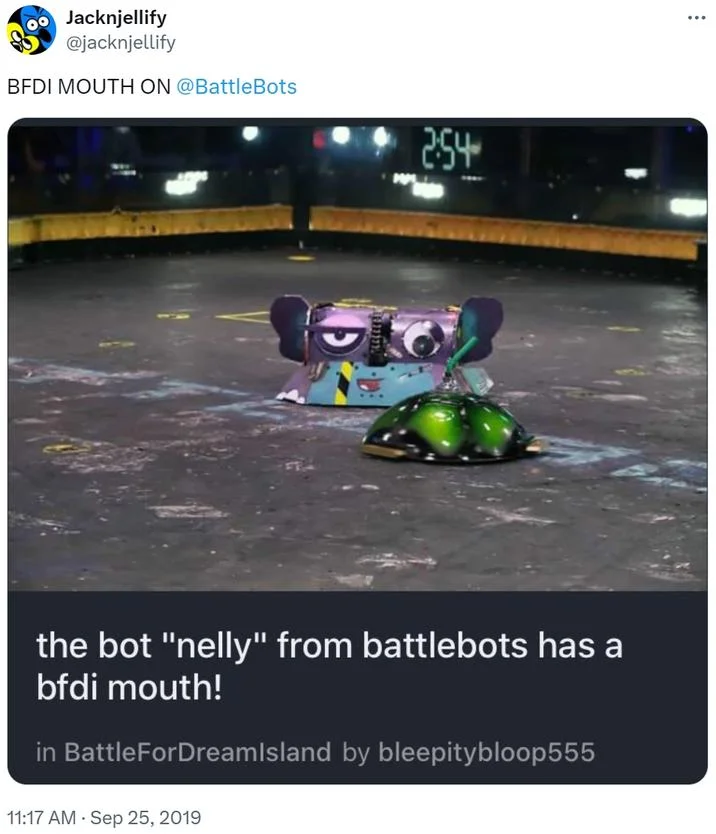 Tweet by jacknjellify showing a BattleBots robot with a BFDI mouth design