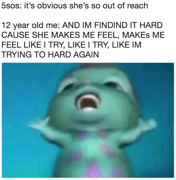 Bibble Singing meme pairing 5 Seconds of Summer lyrics with '12 year old me' reaction text, showing Bibble's expressive singing face.