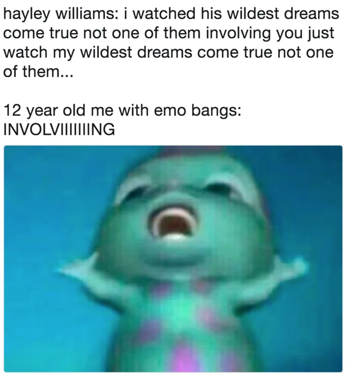 Bibble Singing meme pairing Hayley Williams lyrics with '12 year old me with emo bangs' reaction, featuring Bibble's expressive singing pose.