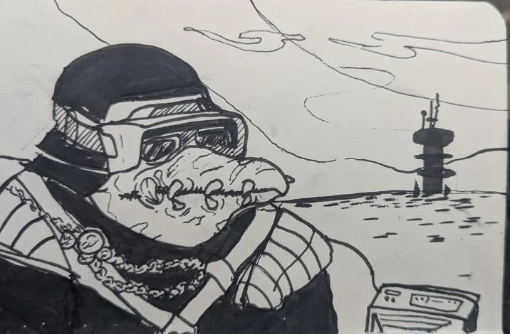 Hand-drawn ink illustration of the Biddy Blas character wearing goggles and chains.