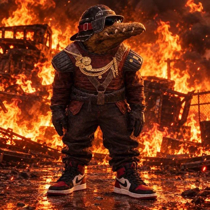 AI-generated streetwear portrait of Biddy Blas in Jordans with gold chains surrounded by fire.