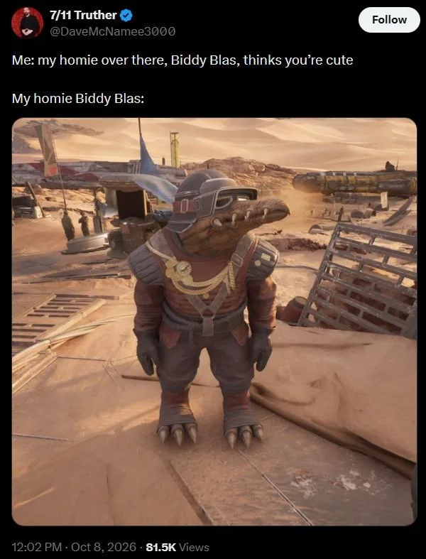 Tweet by Dave McNamee joking about Biddy Blas thinking someone is cute, with image of the character.