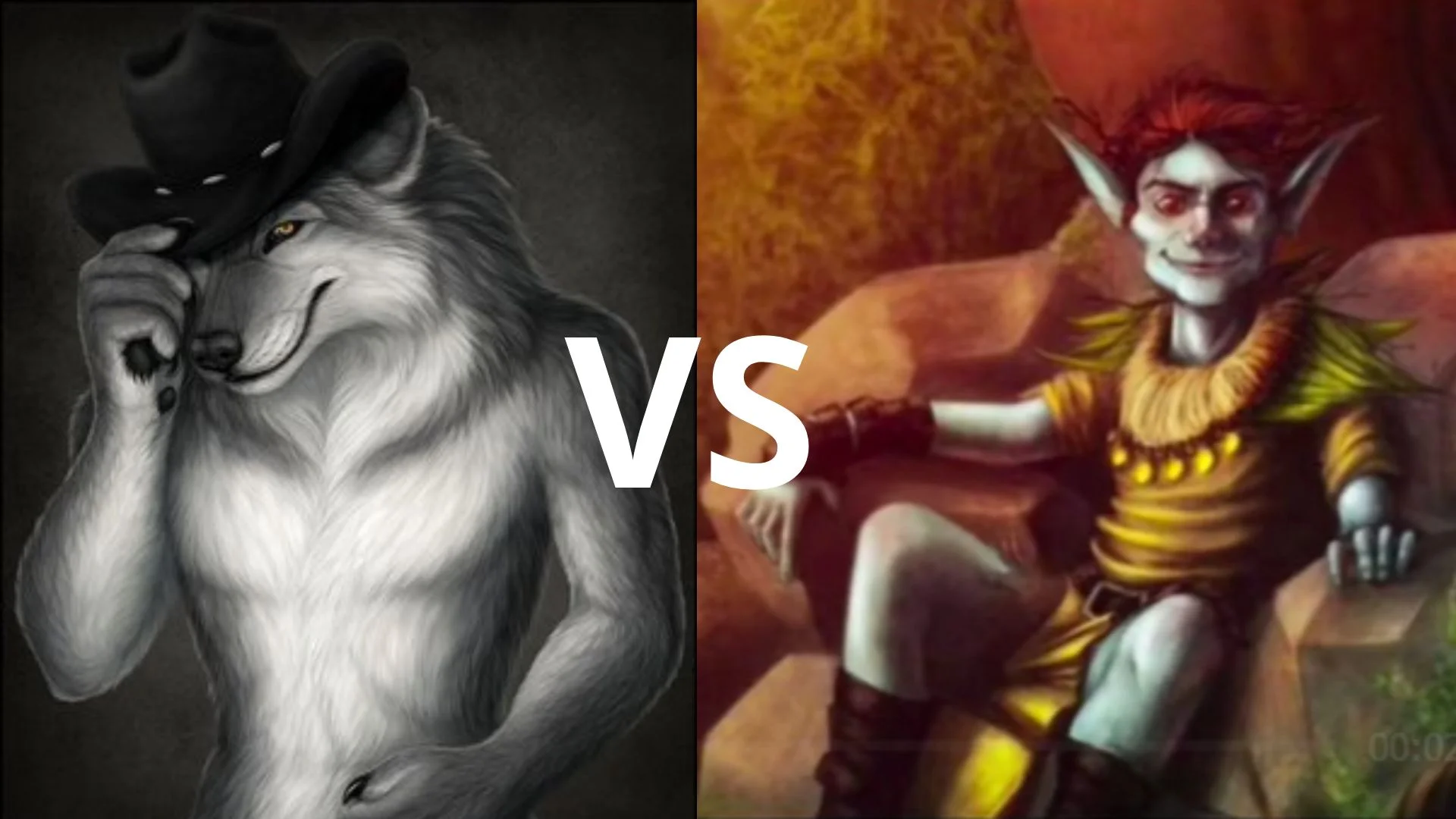 Big Bad Wolf Vs Leprechaun Loup Malicieux Vs Farfadet Malefique — Split image of a cowboy-hat wolf versus a grinning red-haired leprechaun farfadet with a bold