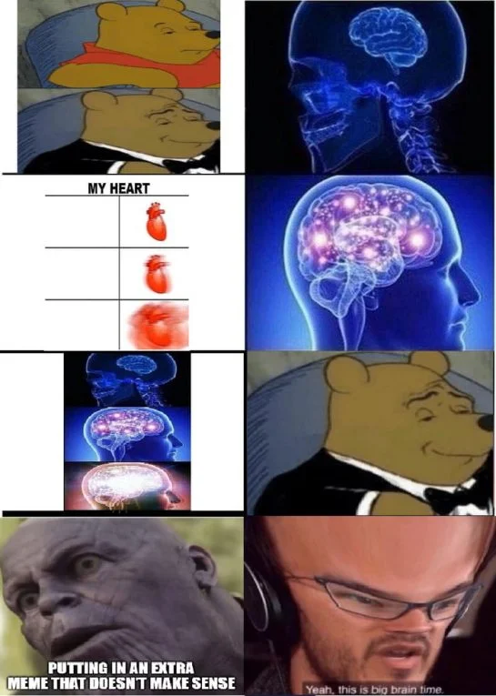 Big Brain Energy — Collage meme combining expanding brain template with reaction images about emotional and meme logic.