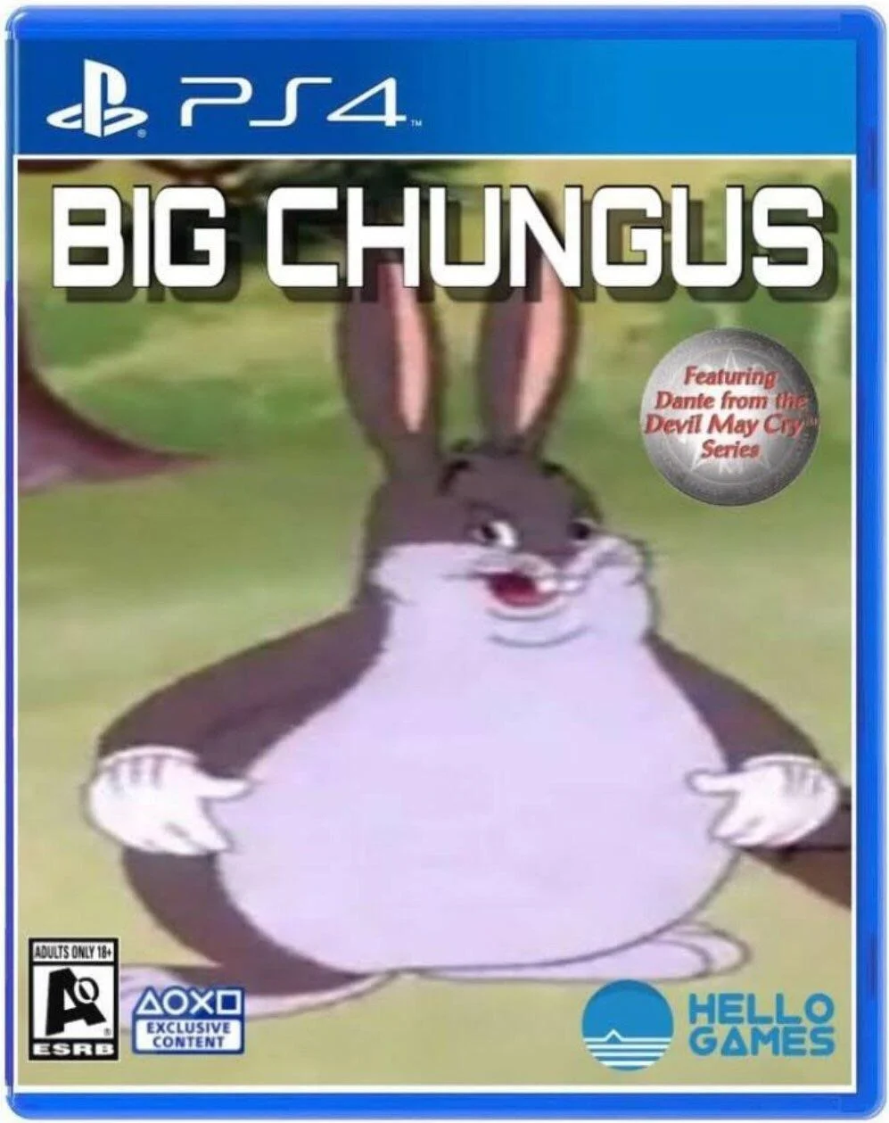 Big Chungus — Fake PlayStation 4 game cover featuring obese Bugs Bunny with title and branding.