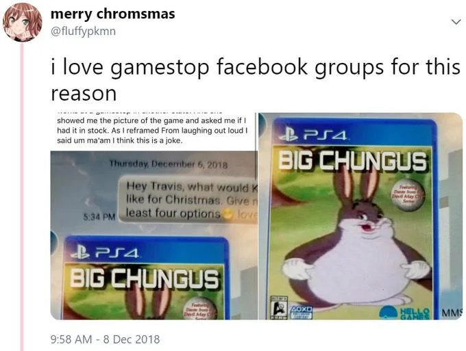 Twitter post sharing Big Chungus cover from GameStop Facebook discussion.