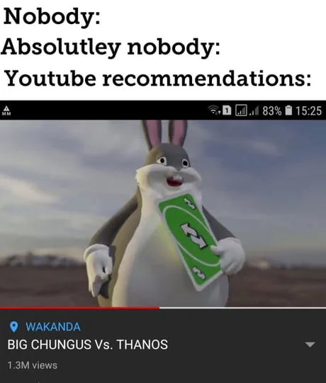 Fake YouTube video recommendation showing Big Chungus versus Thanos.