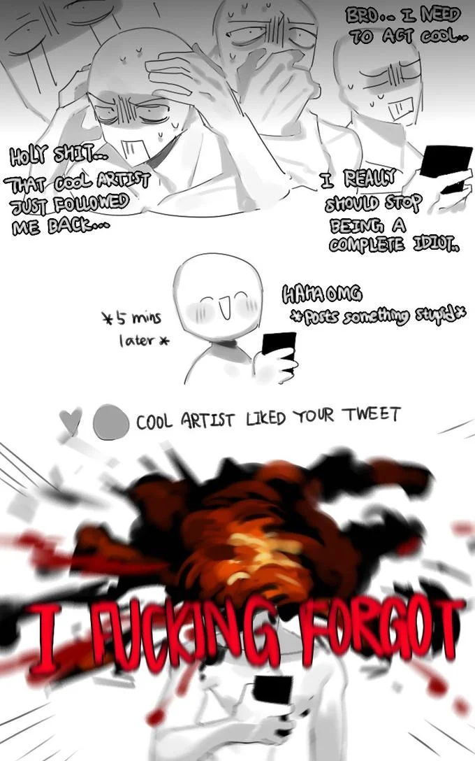 Big Twitter Artist — Hand-drawn comic of a nervous artist melting down after a cool artist follows and likes their tweet.