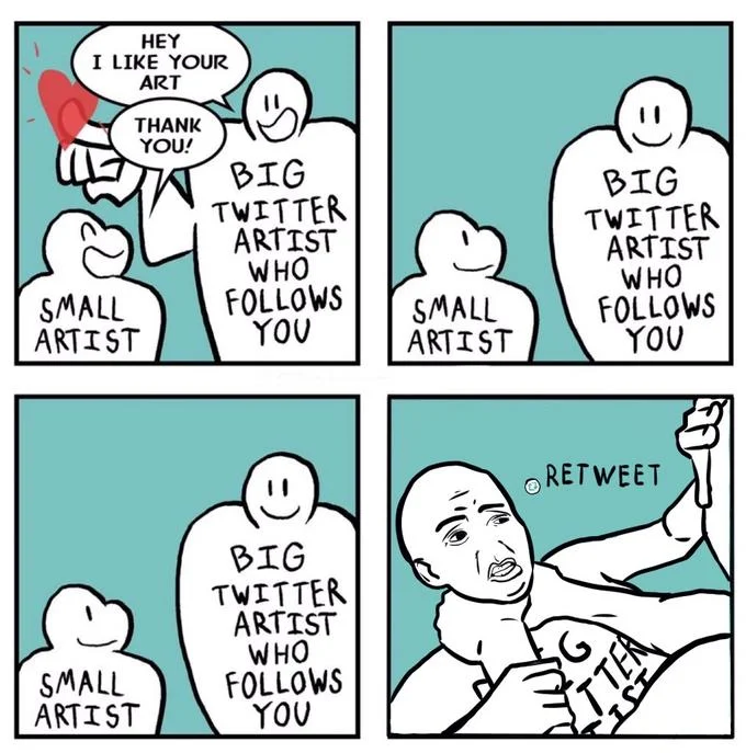 Comic parody of the big Twitter artist meme ending with a muscular angry figure wielding a knife labeled 'RETWEET.'