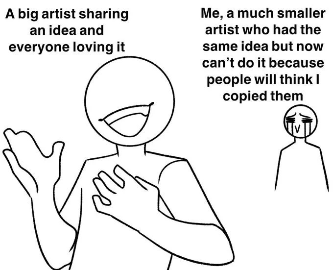 Big Twitter Artist — Comic showing a smiling big artist celebrated for an idea while a tearful smaller artist stands apart, feeling unable to share the same