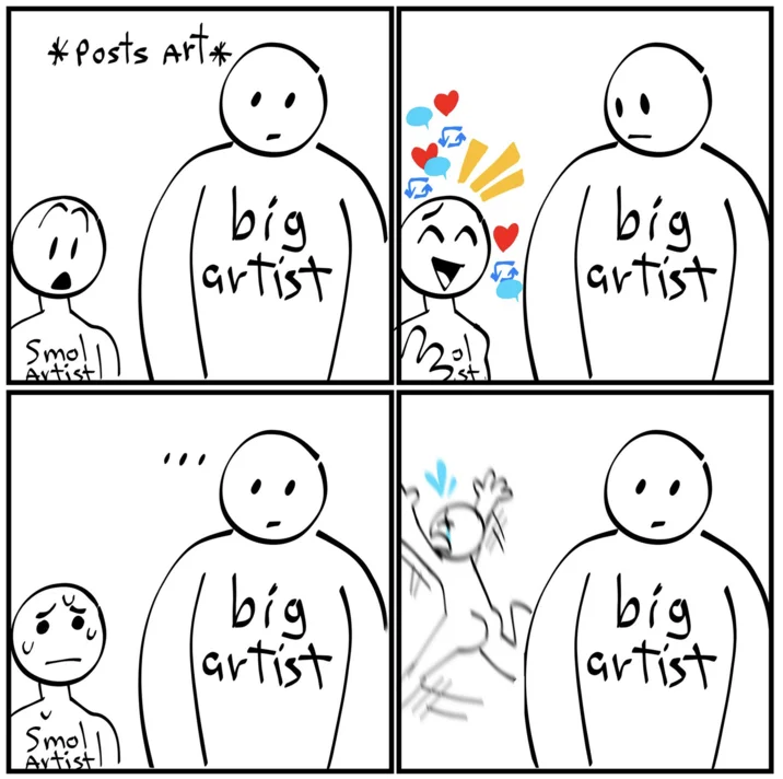 Big Twitter Artist — Comic of a small artist posting art and reacting with sadness and anger as a big artist gets all the engagement.