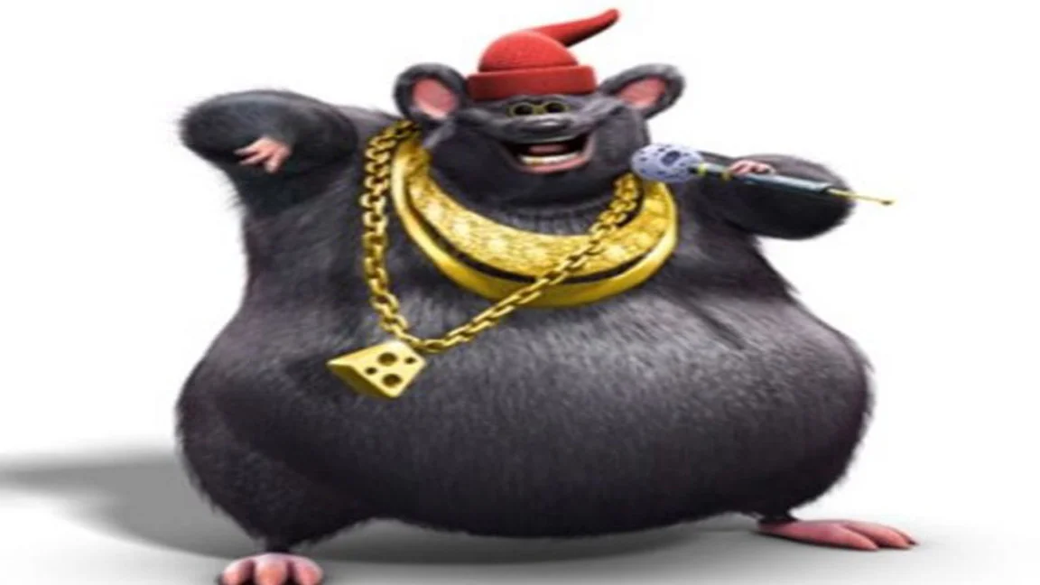 Biggie Cheese character from Barnyard, a large black rat in red hat and gold cheese-pendant chain, holding a microphone