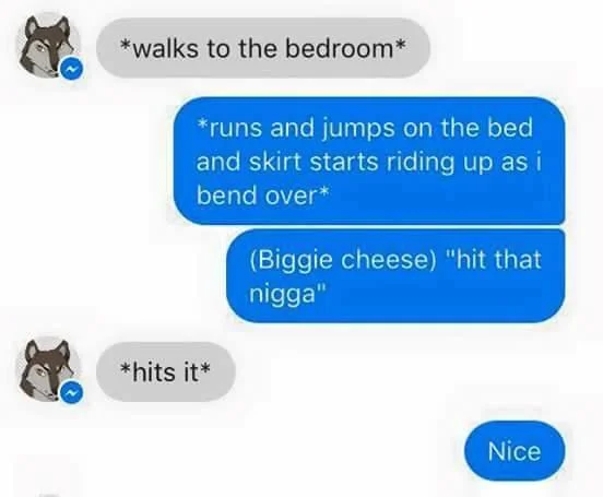 Messenger roleplay screenshot featuring an in-character Biggie Cheese 'hit that' line