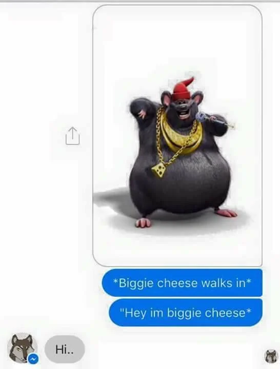 Messenger chat where a Biggie Cheese image is sent with the roleplay caption 'Hey im biggie cheese'