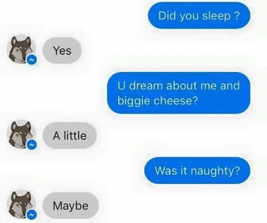 Messenger chat asking 'U dream about me and biggie cheese?' in the Biggie Cheese roleplay series