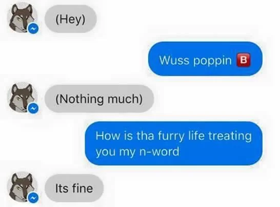 Messenger chat opening with 'Wuss poppin B' greeting referencing the Biggie Cheese meme roleplay