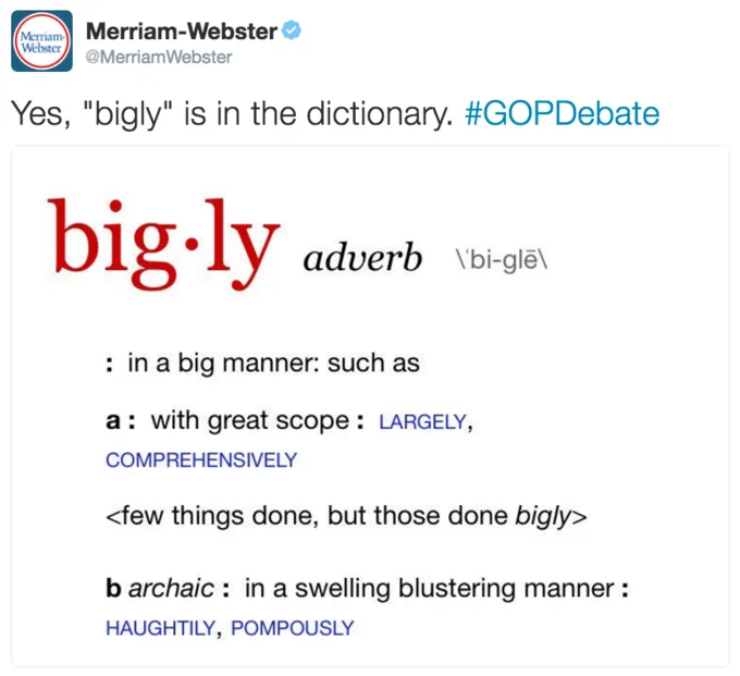 Merriam-Webster dictionary entry for 'bigly' showing the word's full definition as an archaic English adverb.