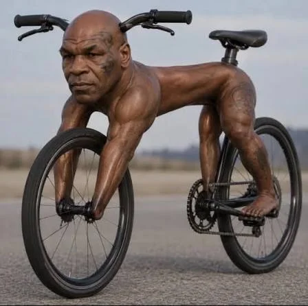 Bike Tyson — Photorealistic hybrid of Mike Tyson's body fused with a bicycle frame, handlebars sprouting from his head and wheels for hands and feet.