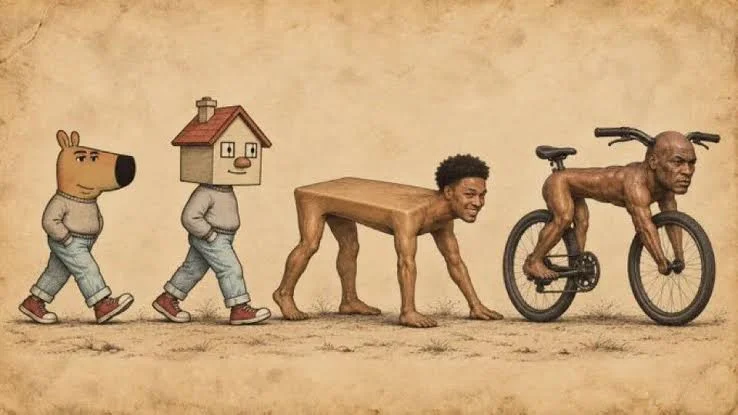 Bike Tyson — Sepia illustration showing evolution from dog-headed figure to house-headed man to table-bodied person to Mike Tyson bicycle hybrid.