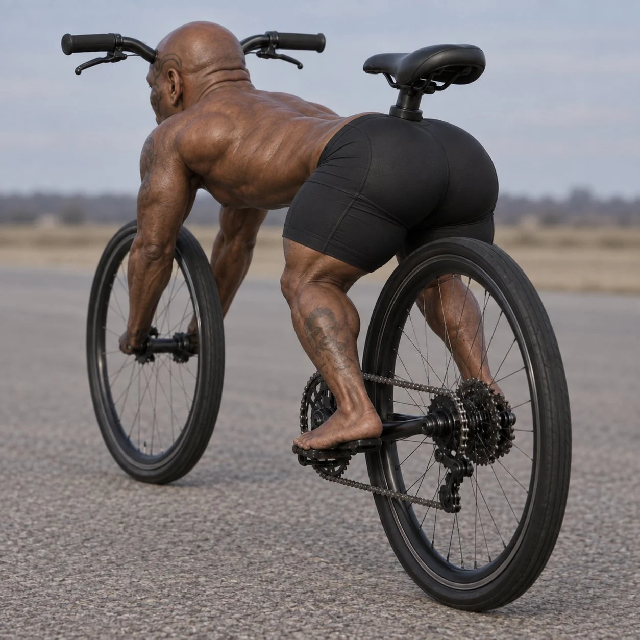 Rear three-quarter view of Bike Tyson wearing cycling shorts, showing the bicycle seat and muscular tattooed legs as wheel struts.